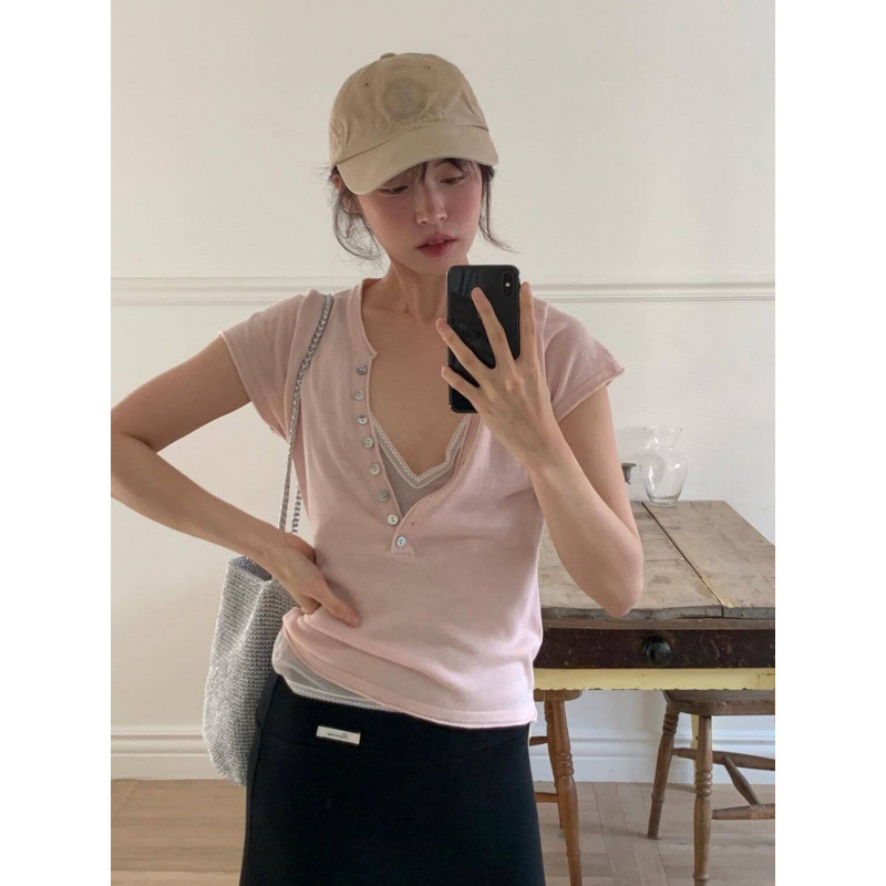 In Stock Now! Real Product Photos! Hot Item! 2026 Summer New V-Neck Buttoned Knit Short-Sleeve Top!