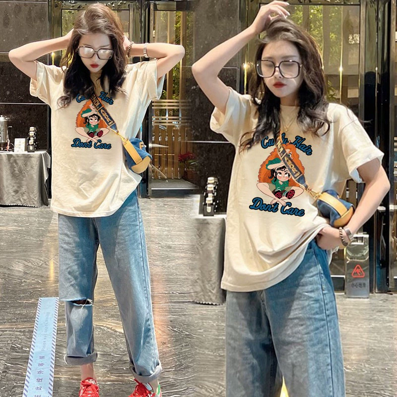 Тяжелые хлопчатобумажные футболки с короткими рукавами женская средняя длинная летняя новая большая доска свободная половина рукава покрывает задницу рубашку