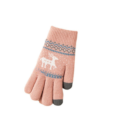 Knitted touchscreen gloves for women, winter warm thickened fleece-lined outdoor cycling jacquard cute elk pattern Korean-style gloves