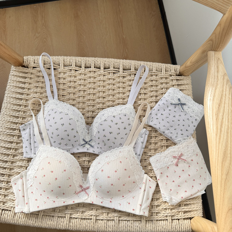 French-Style Fresh Floral Lace Lingerie for Women, Thin, Small Bust, Push-Up, Sweet, Comfortable, Seamless Student Bra Set