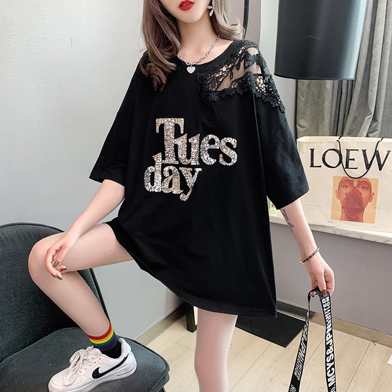 Cross-Border Lace T-Shirt for Women, European Style, Summer 2026 New Design, Letter Print, Black Round Neck Short-Sleeve Top, Trendy Women's Fashion
