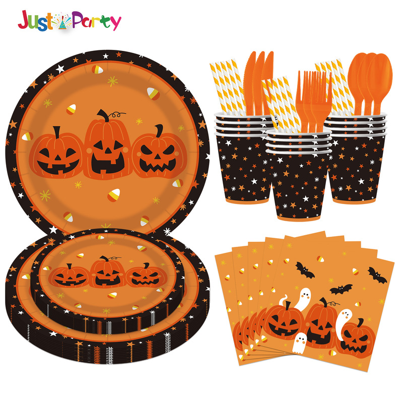 Pumpkin Ghost Halloween Theme Party Tableware Disposable Halloween Paper Plate Paper Cup Tissue Knife Fork Spoon Set Pumpkin Ghost Halloween Theme Party Tableware Disposable Halloween Paper Plate Paper Cup Tissue Knife Fork Spoon Set