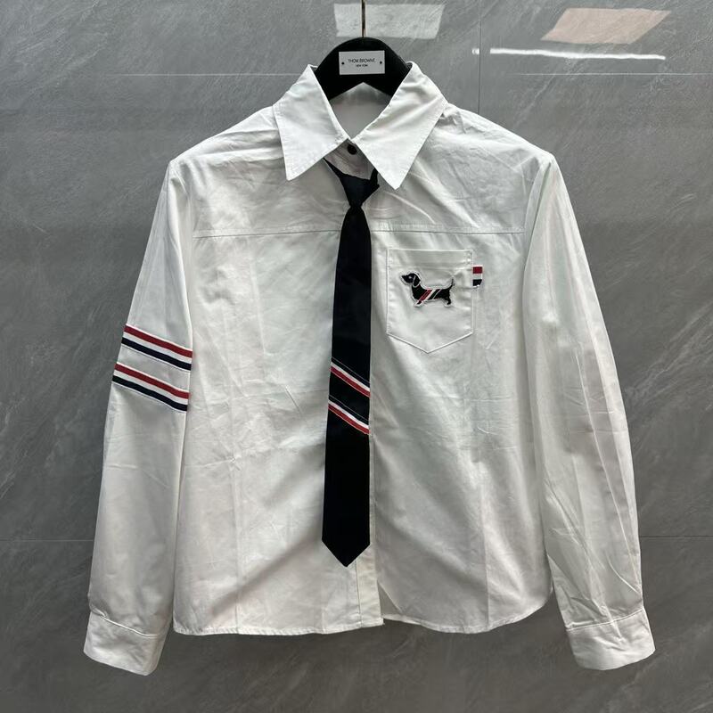Factory Direct Sale Tb Women's Long-Sleeve Shirt with Puppy Embroidery and Red, White, and Blue Stripes, Casual Versatile Simple Long-Sleeve Shirt