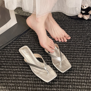 2025 Spring and Autum New High-Heeled Slippers French Fashion Simple Style Patent Leather Stiletto Flip-Flops