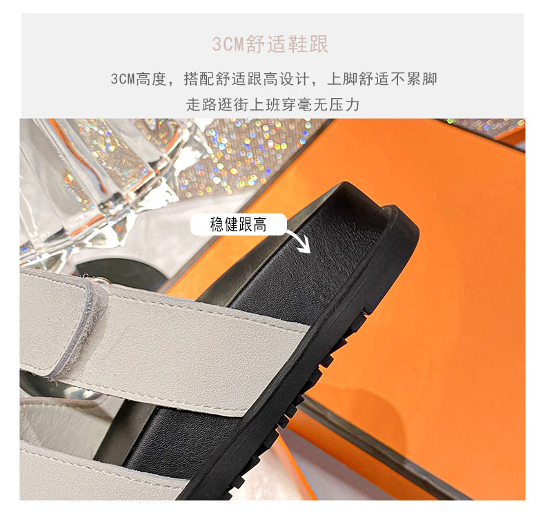 Dép sandal nữ quai ngang xỏ ngón đế dày, khóa dán tiện lợi, đi ngoài mùa hè — Màu trắng, Màu đen, Xanh denim phối nâu, Xanh mực ghép Hồng chi tiết 12