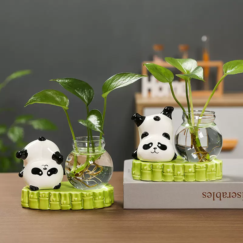 陶瓷设计熊猫玻璃水培摆件插花办公室工位居家桌面装饰品花瓶花盆