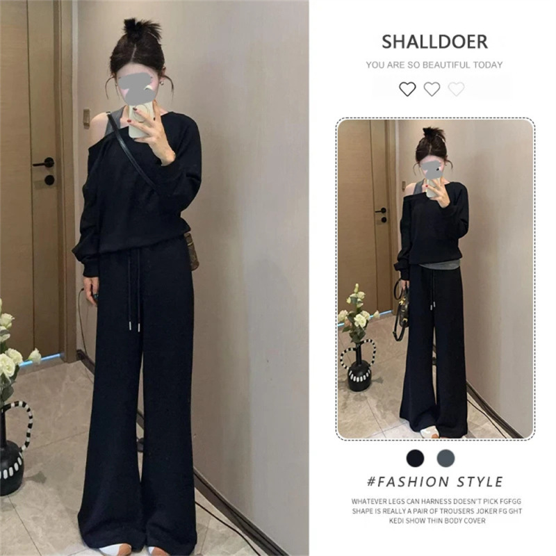 老钱风松驰感套装女2025春秋新款假两件露肩长袖卫衣阔腿裤两件套|undefined