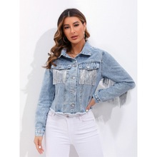 春秋大码牛仔外套女夹克新款速卖通亚马逊外贸i流苏拼接牛仔外套