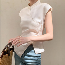 米白色无袖新中式国风T恤女夏季2024年修身显瘦别致上衣 显瘦气质