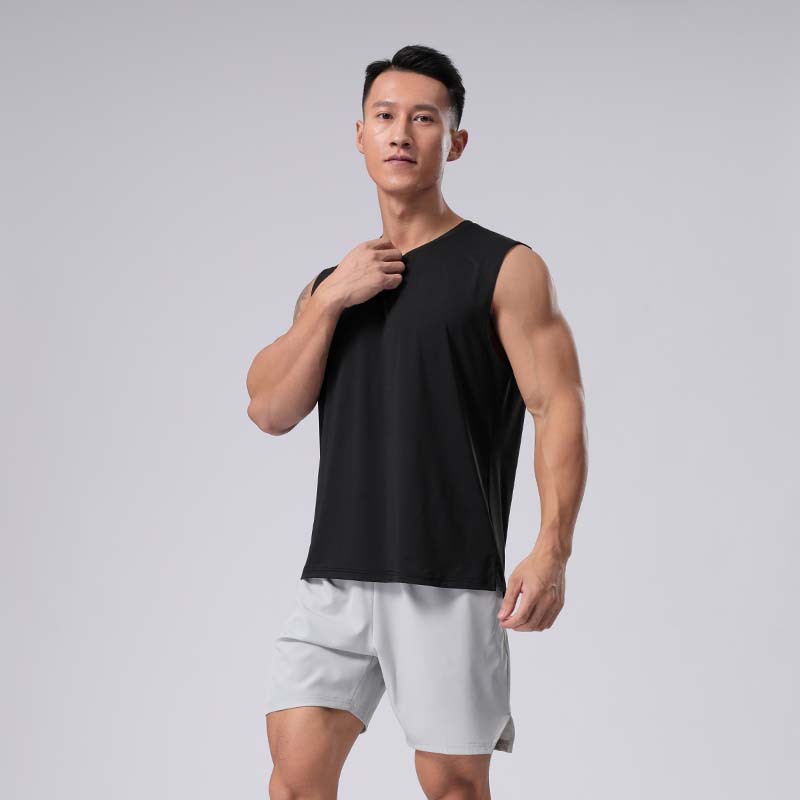 Verano hombres de seda de hielo deportes fitness Chaleco de secado rápido entrenamiento transpirable sin mangas casual suelta cuello redondo corte manga