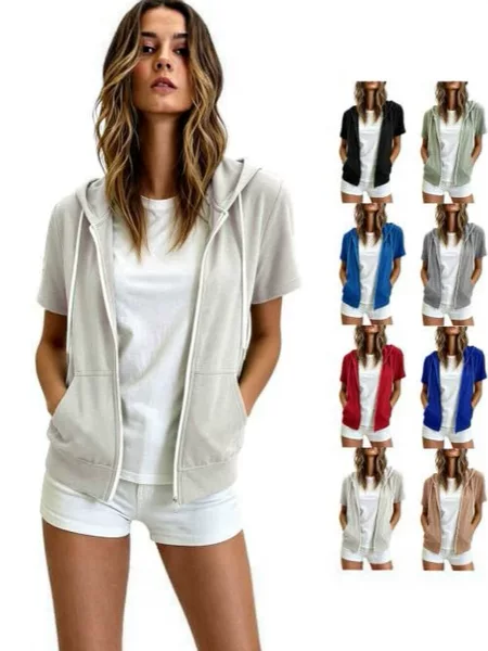 European and American Cross-Border Foreign Trade Women's Short-Sleeved Zip-Up Hoodie, Lightweight Slim-Fit Summer Short-Sleeved Casual Wear