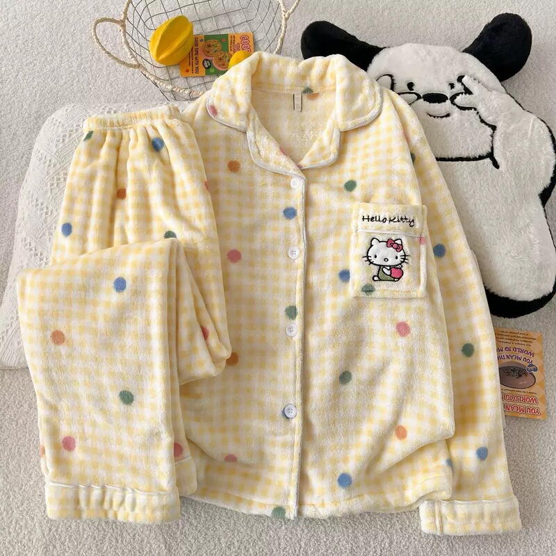 Cross-Border Autumn and Winter Pajamas for Women Thickened Warm Milk-Scented Kitten Coral Velvet Cardigan Casual Simple Two-Piece Set Wholesale