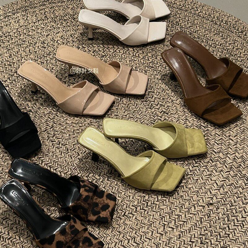 2026 New Patent Leather Square-Toe High-Heeled Slippers for Women, Summer Versatile Thin-Heeled Open-Toe Slip-Ons, Fashionable and Stylish for Outdoor Wear