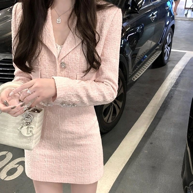 名媛小香风套装女韩版粗花呢短款粉色西装外套女高腰修身半身裙潮|undefined