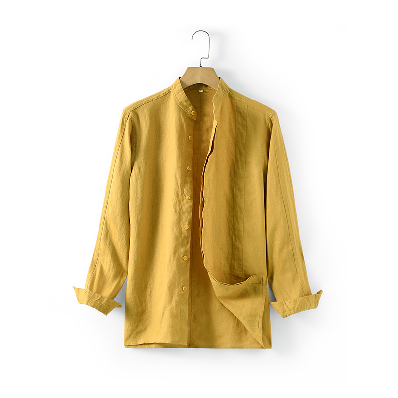 Primavera 2024 hombres de lino casual camisa suelta transpirable stand collar manga larga superior D028