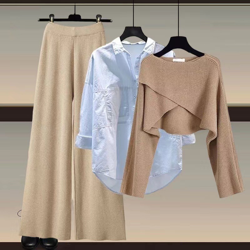 GraceChic Strickpullover, Hemd und weite Hose, dreiteiliges Set, Herbst/Winter-Outfit 2024, Damenmode in großen Größen_voghion.com