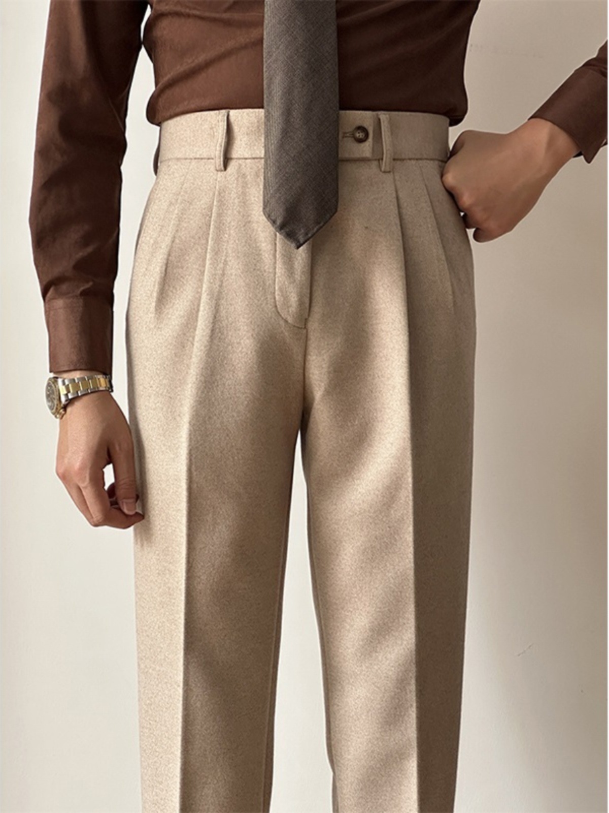 Autumn and Winter High-Waisted Woolen Casual Pants for Men, Warm Straight-Leg Drape Naples Gentleman Solid Color Versatile Suit Pants