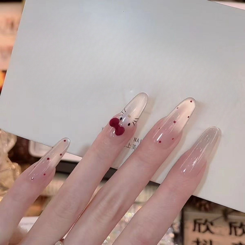 2026 New Mid-Length Style Nail Art Wearable Nails in Wine Red with Bow and Cat Eye Design, Detachable Nail Tips