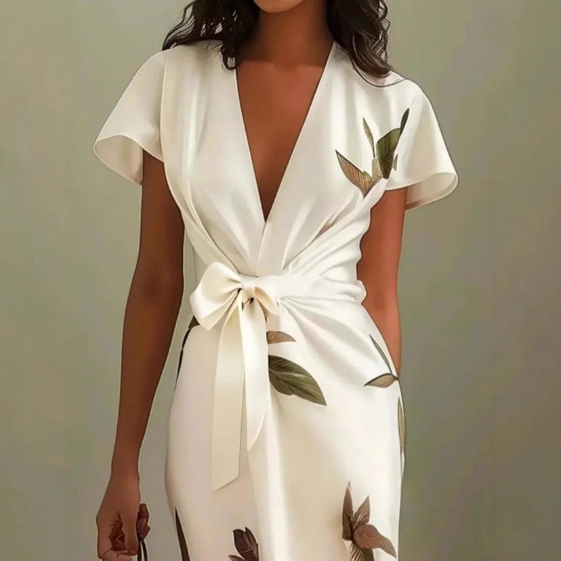 2025 European and American Fashion Cross-Border New Satin Printed Belt Dress Short-Sleeved Belt