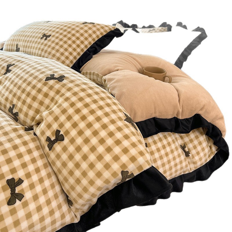 Invierno de encaje francés de leche de peluche cuatro piezas con encaje coreano de peluche grueso y cálido sábanas de peluche de bebé cubierta