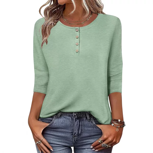 Women's 2026 New Pastoral Style Green Buttoned Three-Quarter Sleeve Top Suitable for Spring and Summer Daily Wear T-Shirt for Women