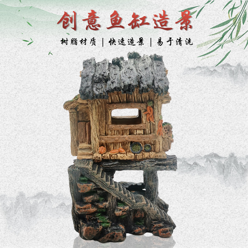 Pecera paisaje simulación vintage casa acuario decoración escalada PET resina Jiangnan cabaña nube grúa edificio paisaje Decoración