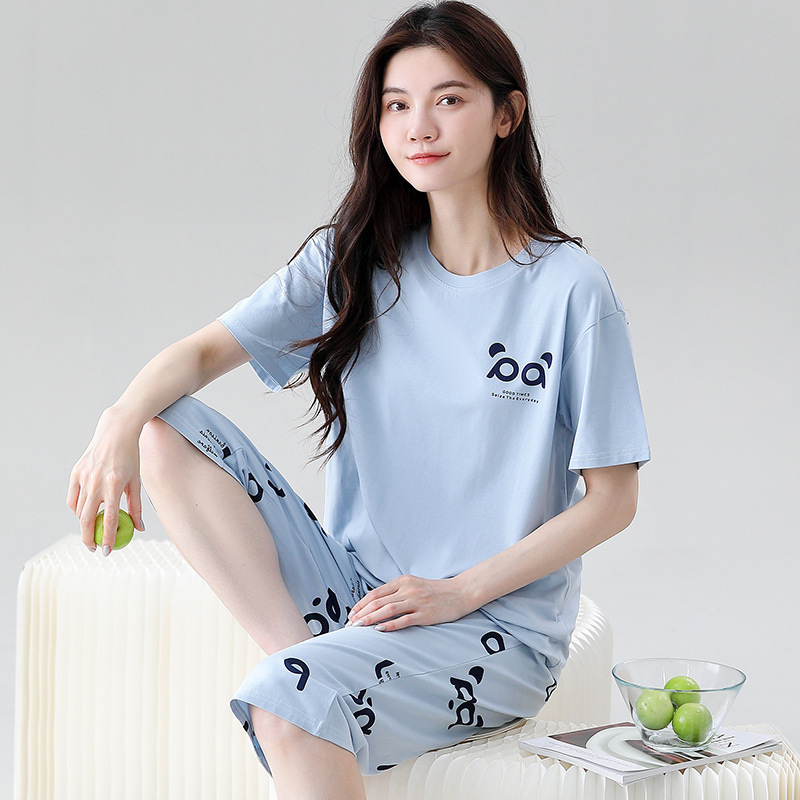 夏季纯棉睡衣女短袖七分裤薄款可爱卡通弹力拉架爽棉家居服套装