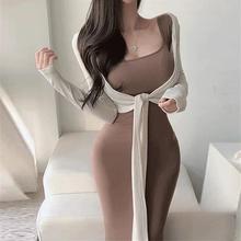 韩国秋冬新款气质修身显身材背带连衣长裙连帽长袖开衫两件套女