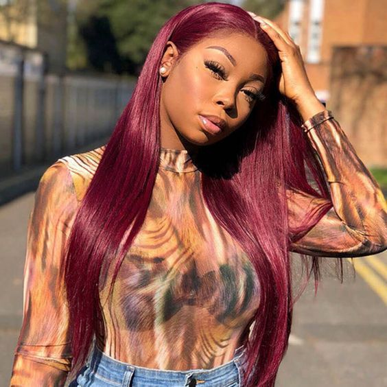 Cross-Border Wig for European and American Women, Lace Front Synthetic Hairpiece 13*4 Burgundy Middle-Parted Long Straight Hair Wig, Natural Style