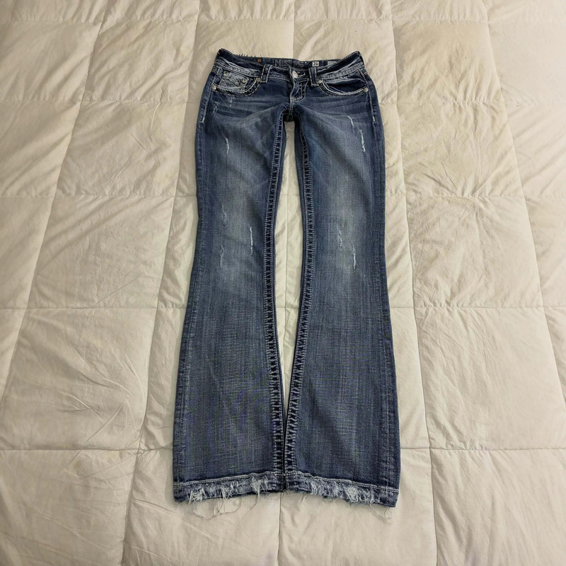 Cross-Border European and American Aliexpress Whiskered Washed Distressed Jeans Low-Waist Flared Frayed Casual Denim Pants