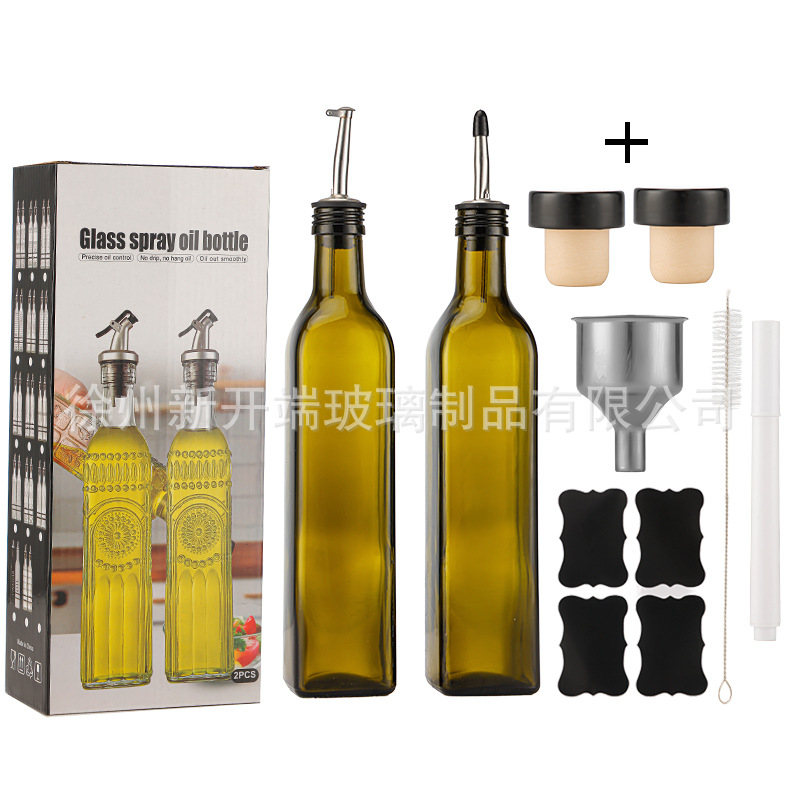 Botella de aceite de vidrio Amazon 500ml dispensador de olla de aceite de oliva verde oscuro Juego de botella de vinagre transfronterizo