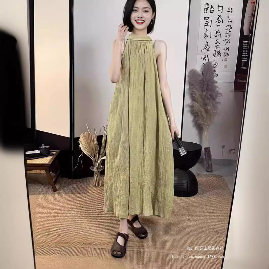 넥타이 염색 Tencel Ramie Vestigial 원피스 2024 여름 새로운 양면 목 원피스 홀리데이 비치 원피스