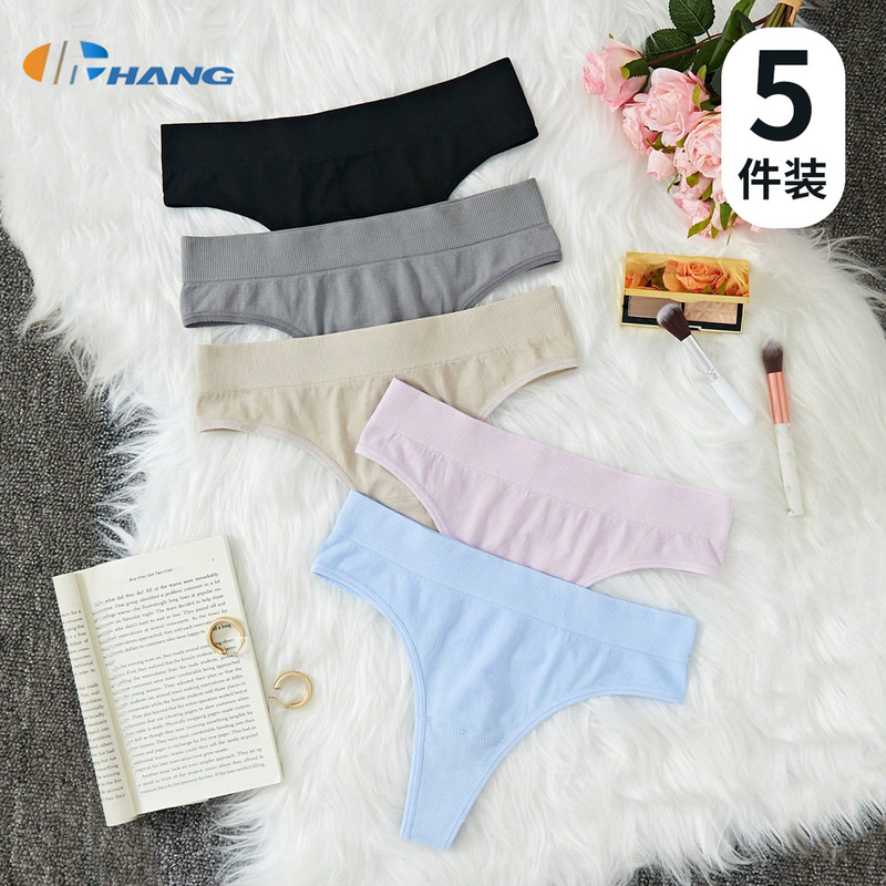 5-Pack Cross-Border Exclusive Mid-Waist Cotton Crotch Thong Panties, Solid Color Ribbed Seamless Breathable Sports Fitness T-Back Underwear