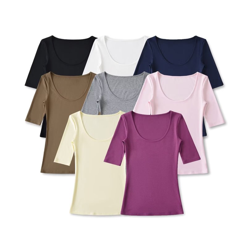 2025 新しい夏の女性のテンセル U ネックミッドスリーブ Tシャツ無地純粋な欲望スリムトップ Tシャツ|undefined