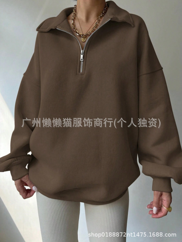 2025新款亚马逊春秋新款女式纯色宽松半拉链开襟长袖简约休闲卫衣|undefined