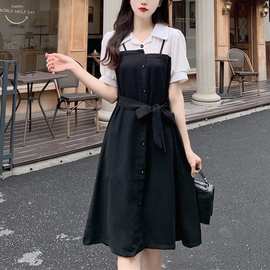 信屿 黑白拼接假两件短袖衬衫连衣裙子撞色系带收腰翻领长裙子潮