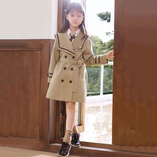 Girls' Windbreaker Navy Collar Mid-length 2023 Spring and Autumn New Children's British-style Double-breasted Coat for Large Children