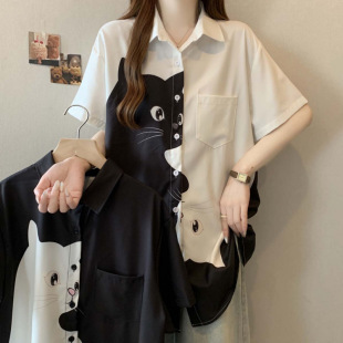 2025 Summer New Cartoon Three-Dimensional Cat Print Versatile Shirt Women's Large Size Loose Casual Top