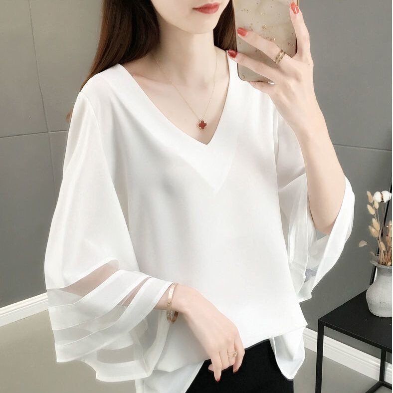 Organza Chiffon Blouse for Women, 2022 Summer New Style, Bell Sleeves, Loose Fit, Plus Size, Fairy-Style V-Neck Top, Trendy Organza Chiffon Blouse for Women, 2022 Summer New Style, Bell Sleeves, Loose Fit, Plus Size, Fairy-Style V-Neck Top, Trendy