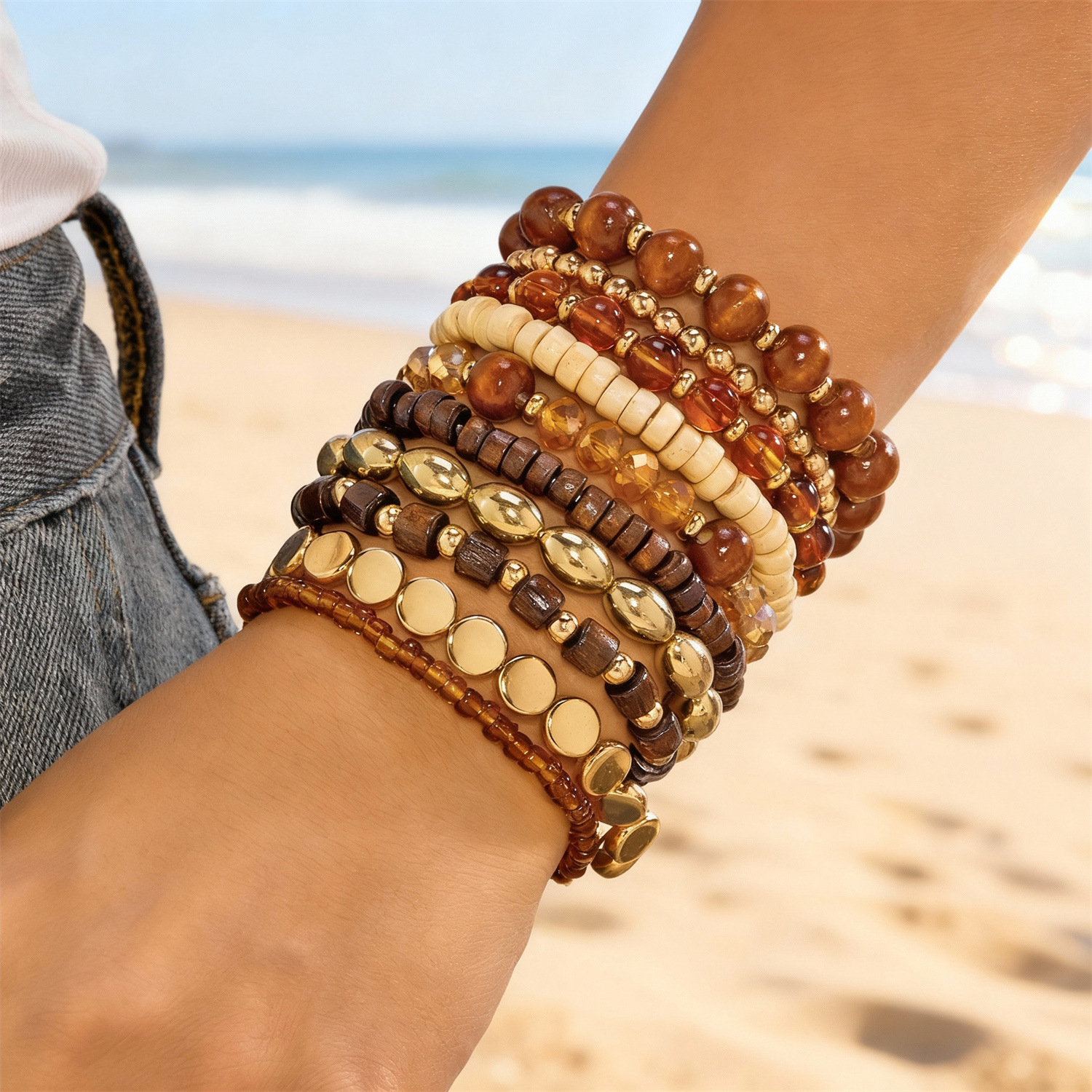 Europa y América de moda bohemia creativa playa multicapa para usar cuentas de vidrio hechas a mano al por mayor pulseras