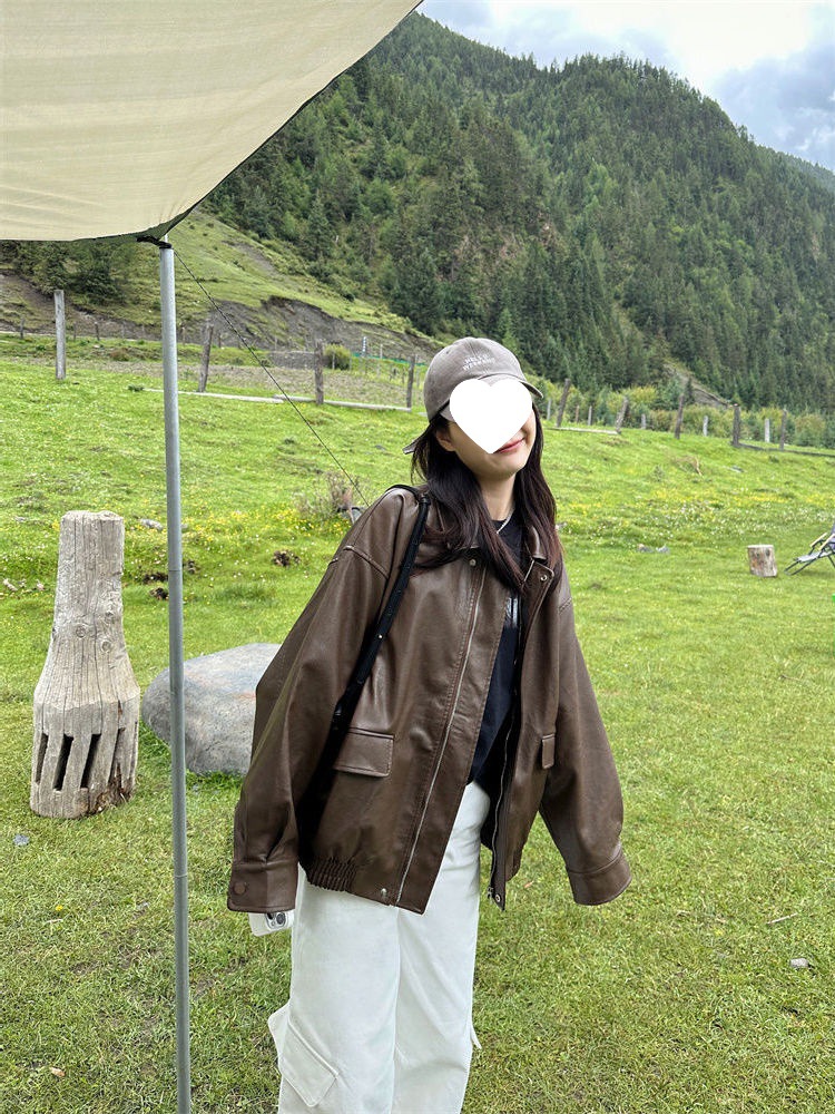 Motorcycle Leather Jacket Women's Retro 2025 Spring & Fall New American Casual Versatile Brown Leather Jacket with Straight Hair