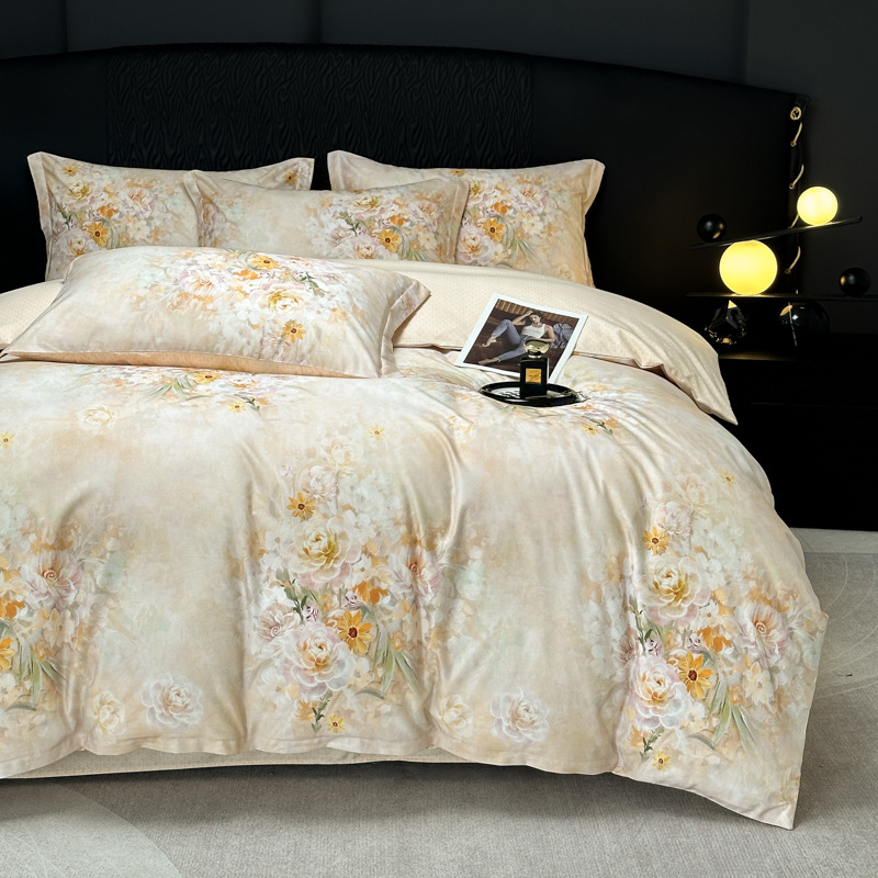 Funda de edredón de algodón, sábanas, ropa de cama, juego de cuatro piezas para textiles para el hogar, juego de cuatro piezas de lujo ligero cepillado de cuatro estaciones