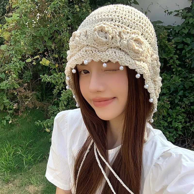 复古手编织花朵镂空包头帽女秋季珍珠流苏套头帽薄民族风针织帽子|undefined