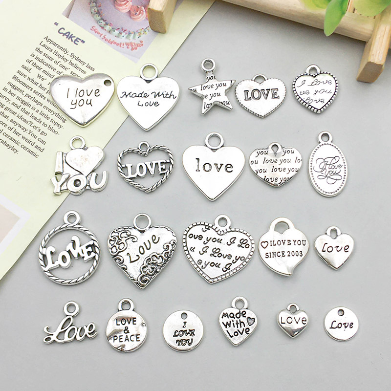 1 new ancient silver alloy simulation heart-shaped English letter pendant diy jewelry accessories