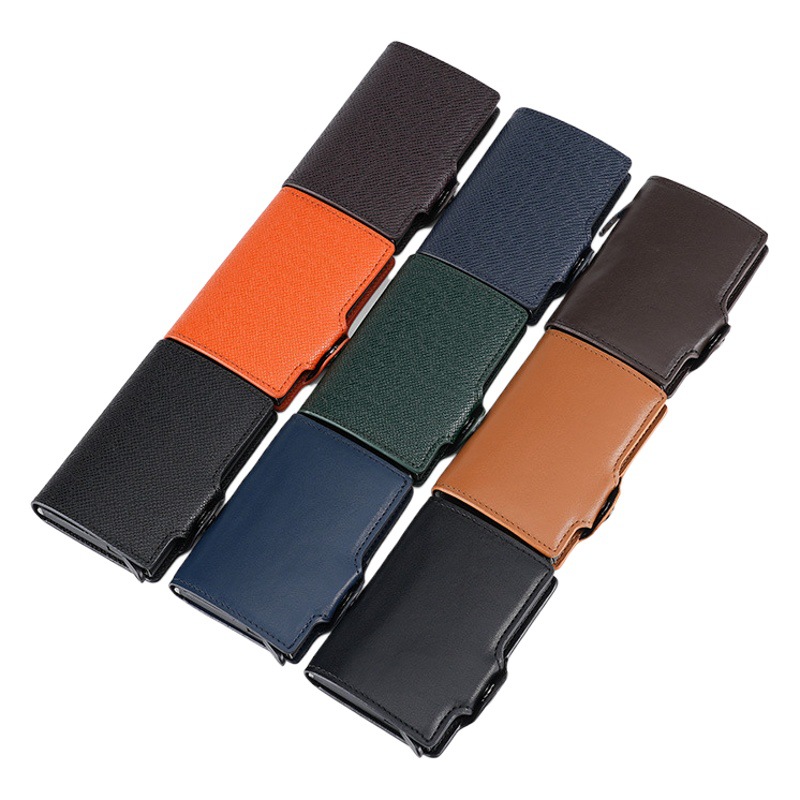 2023 nuevo paquete de tarjeta emergente automática PU metal aluminio caja titular de la tarjeta RFID titular de la tarjeta de crédito tarjeta de visita al por mayor