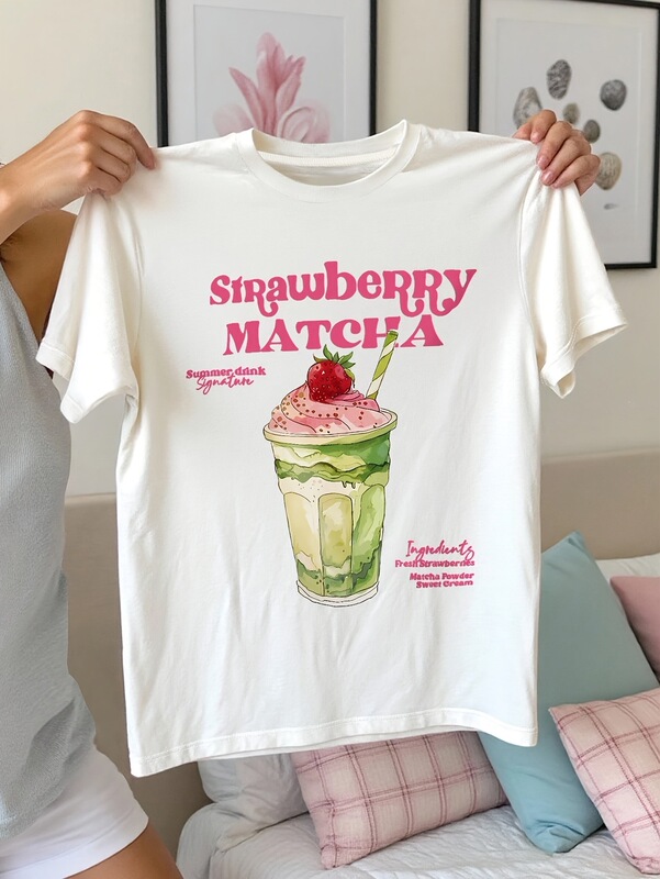 Front Panel Pattern Print (Milk Tea and Letters) Spring/Summer Women's Top Round Neck Short-Sleeved T-Shirt White European and American Style