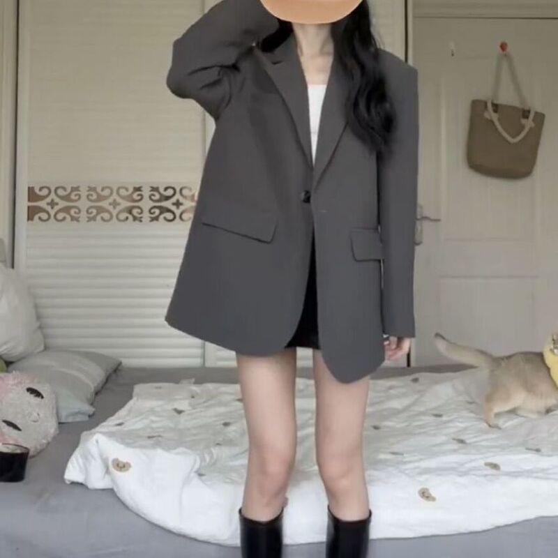 灰色のスーツのコートの女性春秋韓系の中で長いタイプの新型学院の潮流がゆったりしています。|undefined