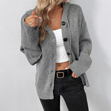 冬季新款纯色连帽长袖开衫女欧美简约风单排多扣针织衫女一件代发