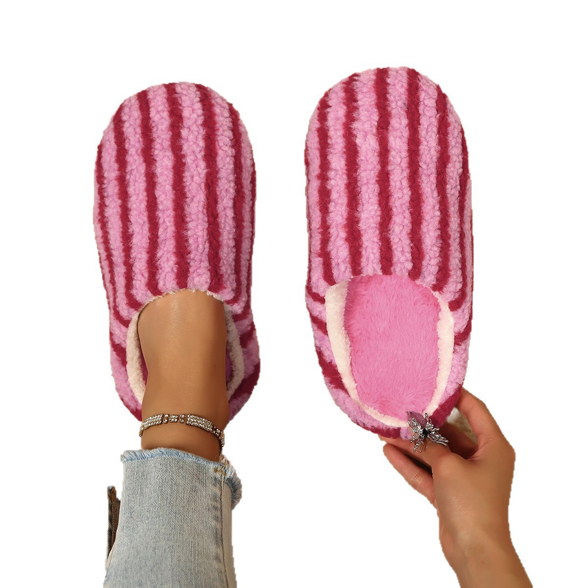 Zapatillas de lana de tela suave de comercio exterior de caña de invierno para mujeres antideslizante interior zapatos caseros peludos de suela gruesa