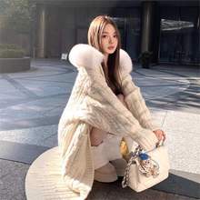 韩版连帽气质秋冬慵懒长款针织毛衣开衫超大狐狸毛领羊毛皮草外套